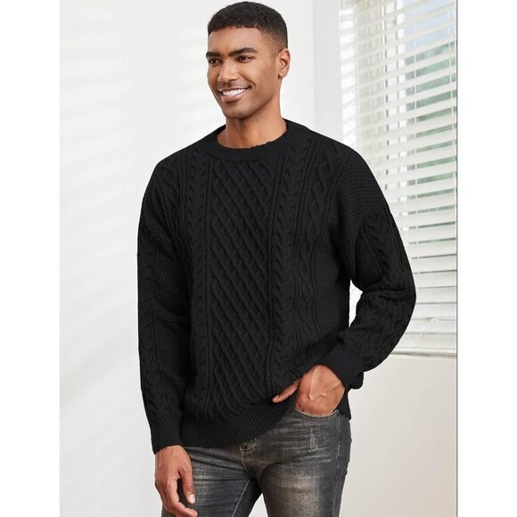 ❤️ Men's Black Polyester Cable Knitted Twist Patterned Pullover Sweater - Picture 1 of 6